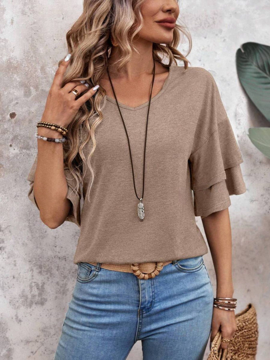 V-Neck Half Sleeve Ruffle Blouse