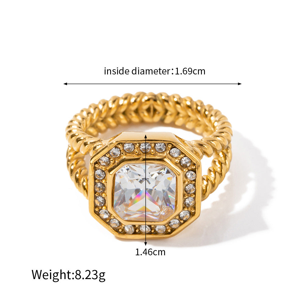 18K fashionable noble double-layer inlaid octagonal zircon twist design all-match ring