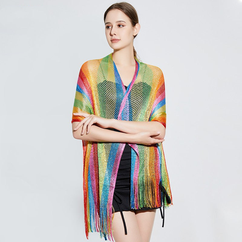 Rainbow Striped Long Beard Sunscreen Shawl Scarf