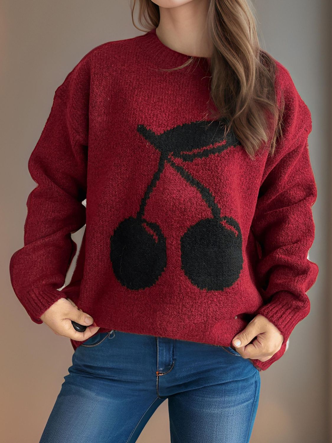 Cherry Print Round Neck Long Sleeve Sweater