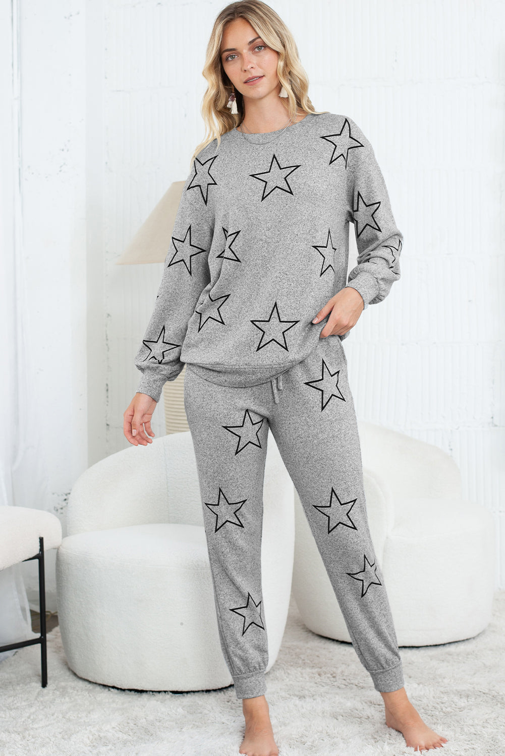 Gray Stars Print Long Sleeve Top and Drawstring Pants Set