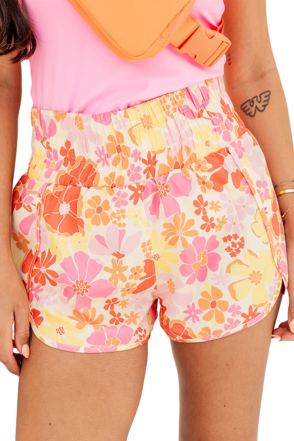 Pink Boho Floral Shirred High Waist Athletic Shorts