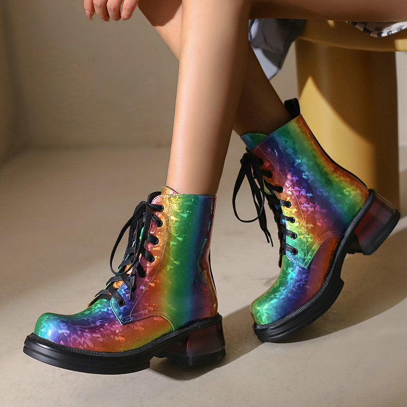Bright Patent Leather Water Color Round Toe Thick Heel Boots Punk Style Iridescence Lace Up Women's Ankle Boots Gradient Color