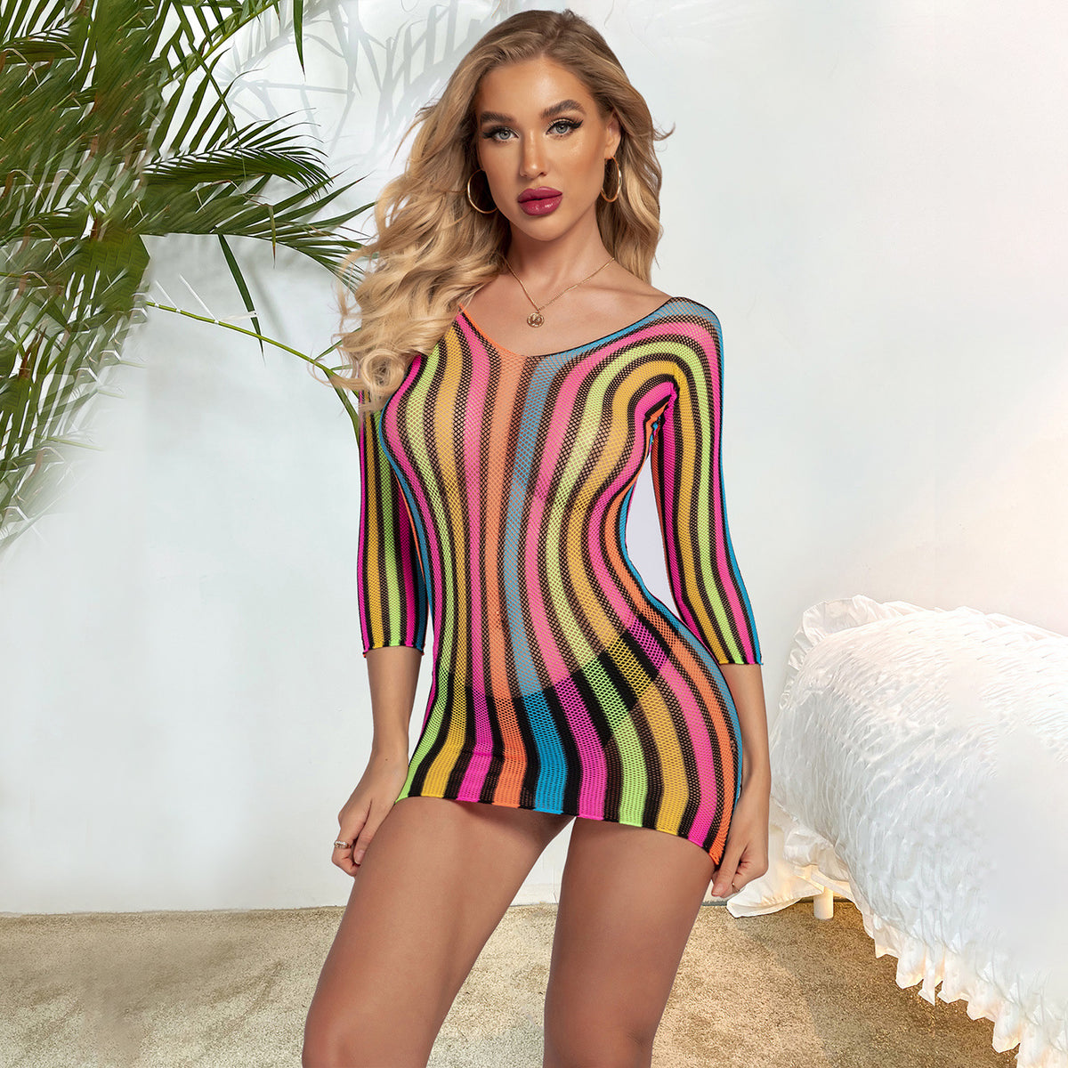 Rainbow Fishnet Mesh Summer Beach Cover Up Sheer Mini Dress