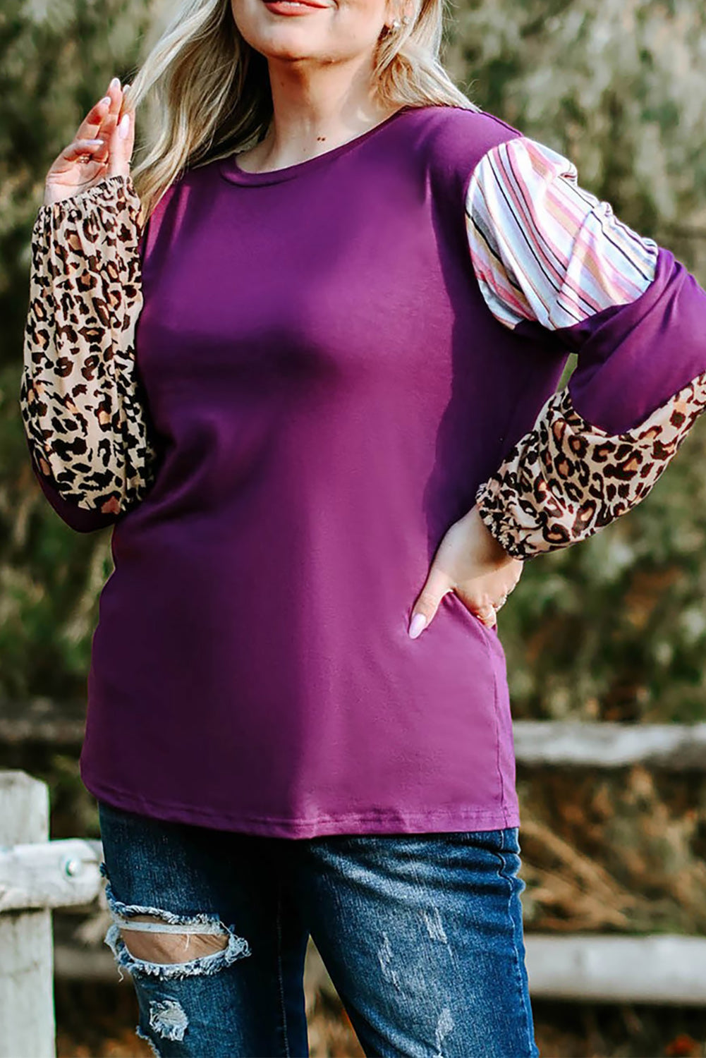 Purple Color Block Leopard Striped Sleeve Plus Size Top