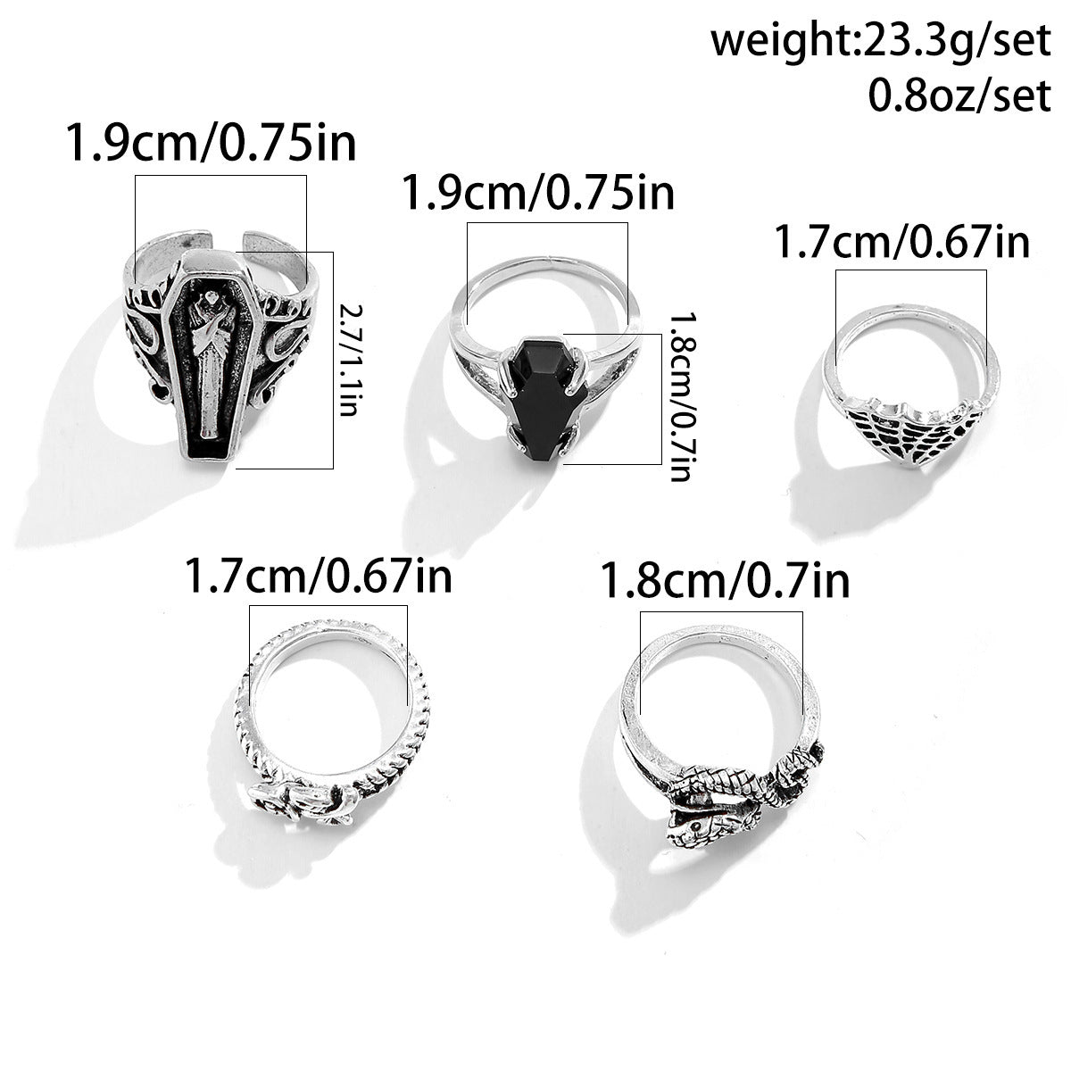 Dark Punk Retro Stackable Carved Bat and Coffin Goth Girl Ring Sets