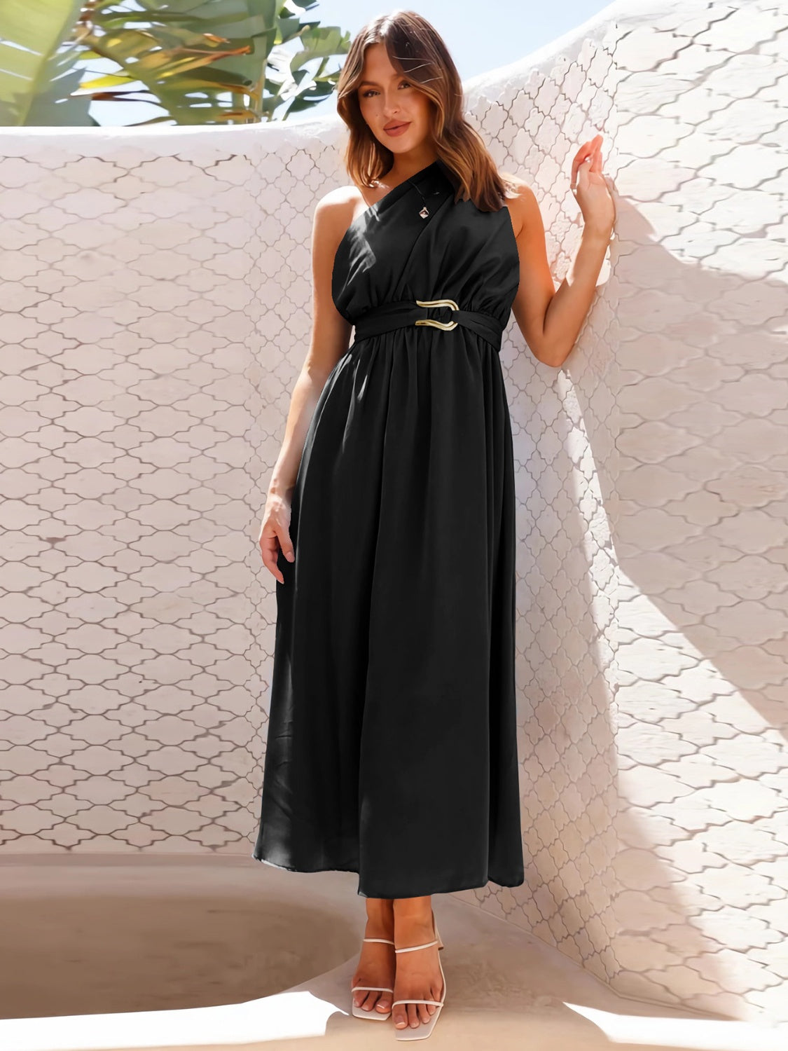 Single Shoulder Basic Boho Midi Dress