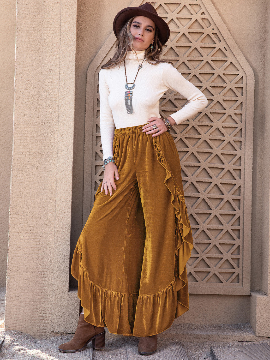 Trendy Slit Ruffled Wide Leg Pants for Stylish Comfort