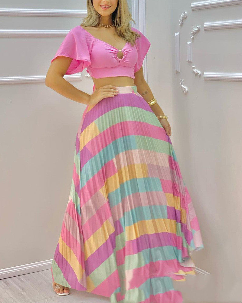 Women's Pink Sweetheart Crop Top and Colorful Pastel Striped Maxi Skirt Two Piece Set