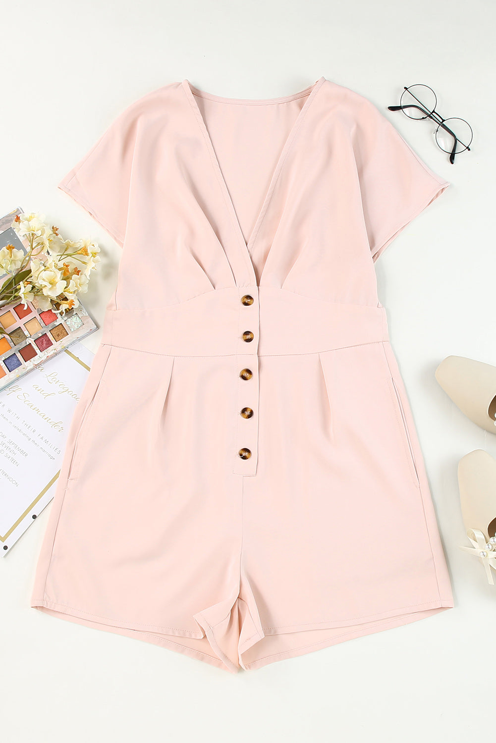 Pink Deep V Neck Buttoned High Waist Romper