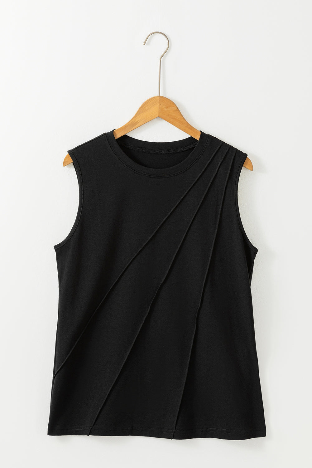 Black Crew Neck Pleated Tank Top - Stylish and Comfortable Sleeveless Top