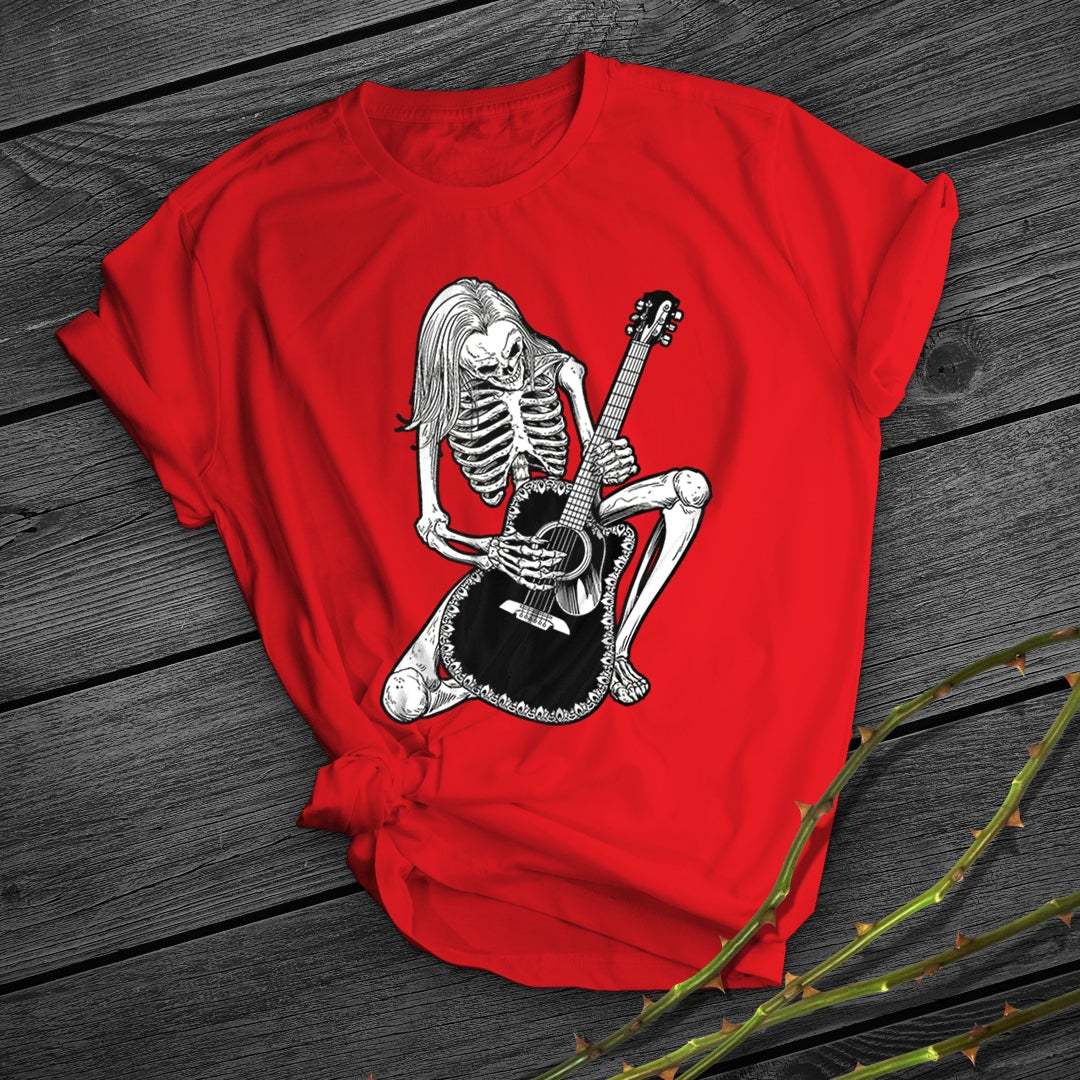 Rocking Out Heavy Metal Vibes Skeleton Guitarist Graphic Print Short Sleeved Tee Shirt