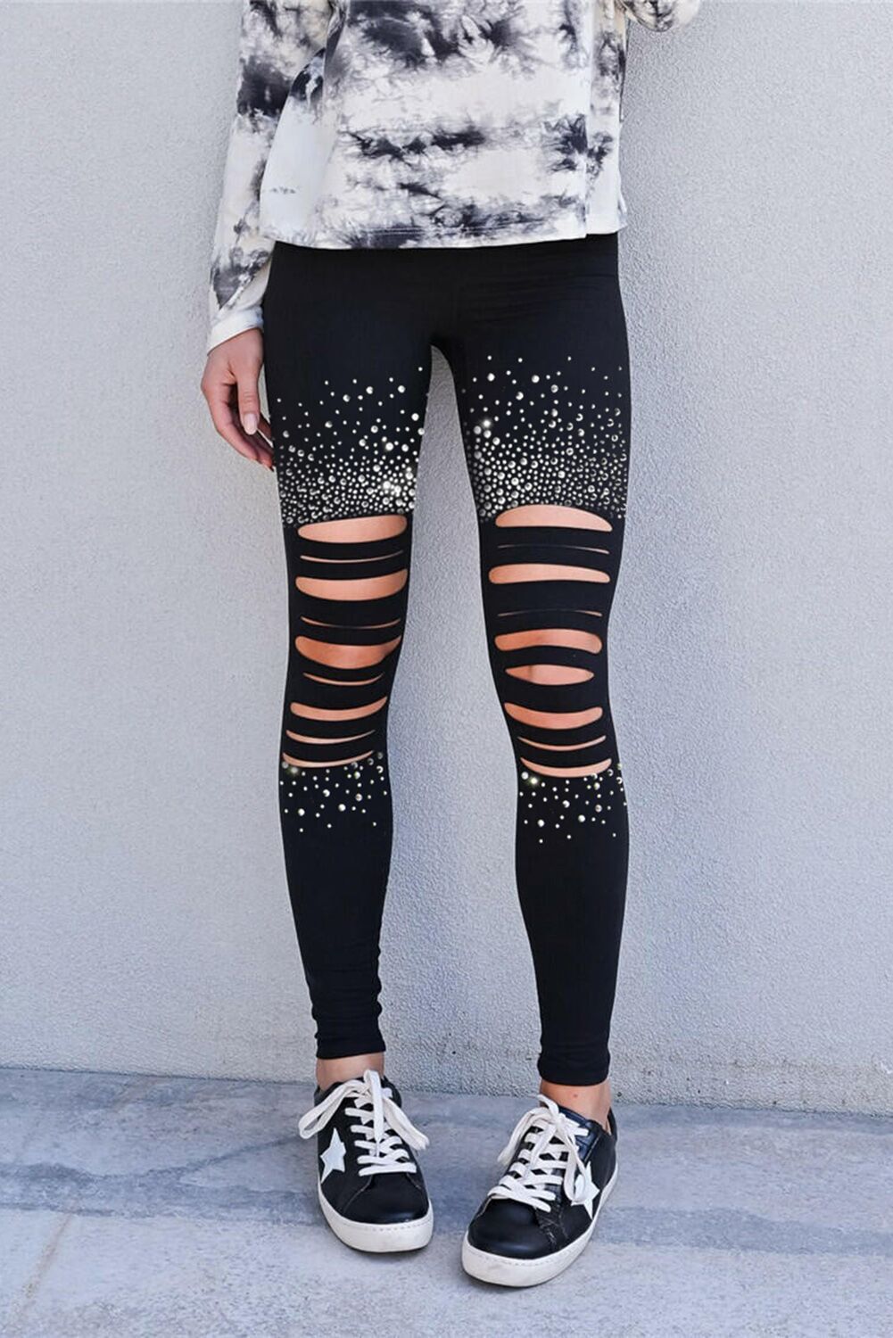 High-waisted Rhinestone Adorned Decorated Ripped Distressed Leggings