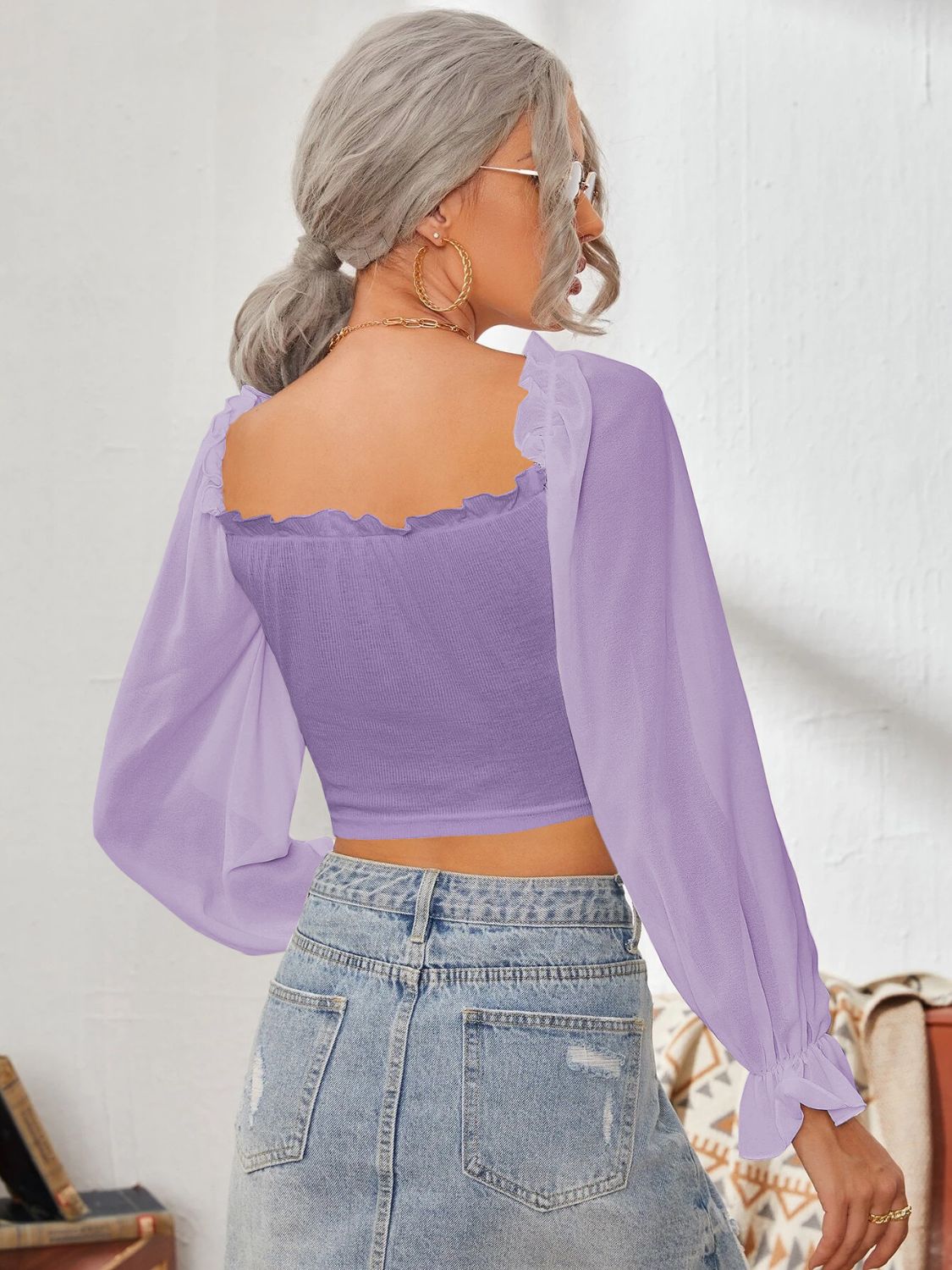 Mesh Sweetheart Neck Flounce Sleeve Top | Elegant Women’s Sheer Blouse