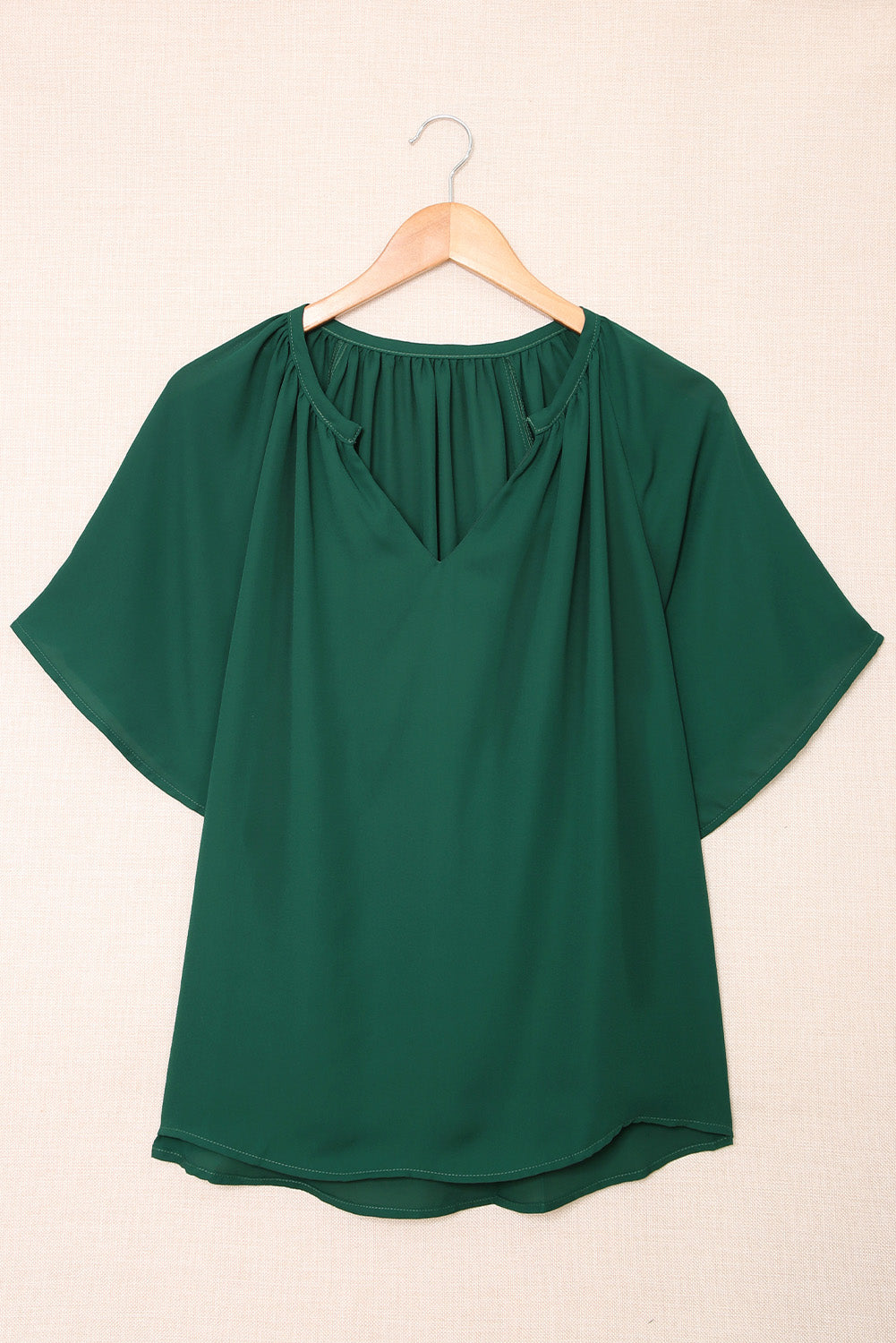 Blue Casual Split Neck Pleated Loose Short Sleeve Blouse