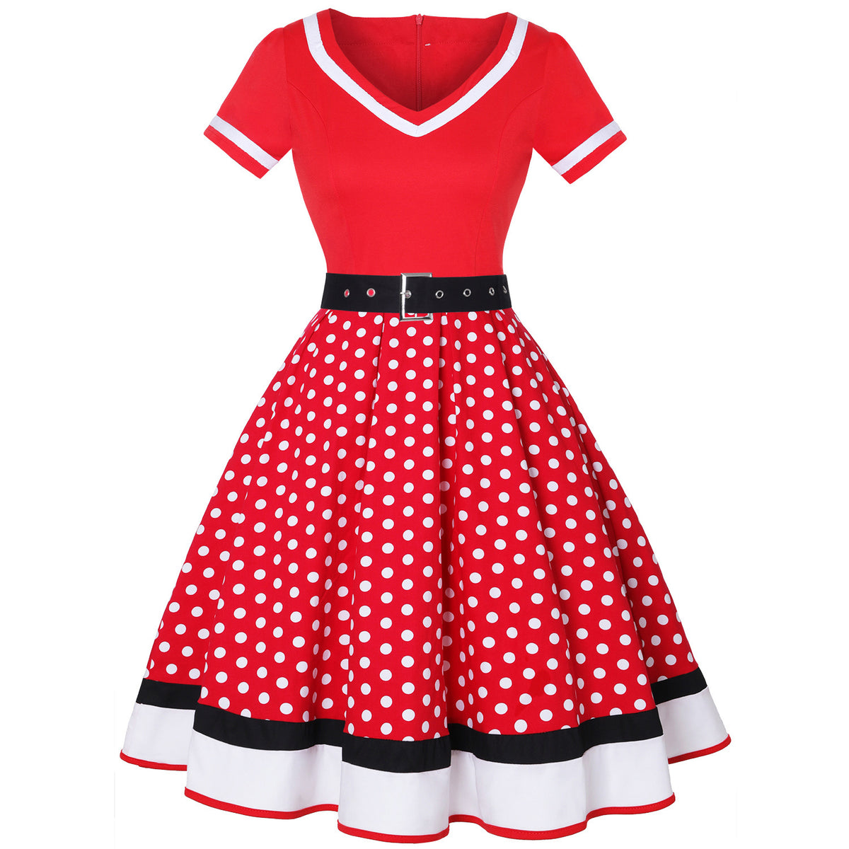 Polka Dot Red and White Trimmed Retro Swing Dress