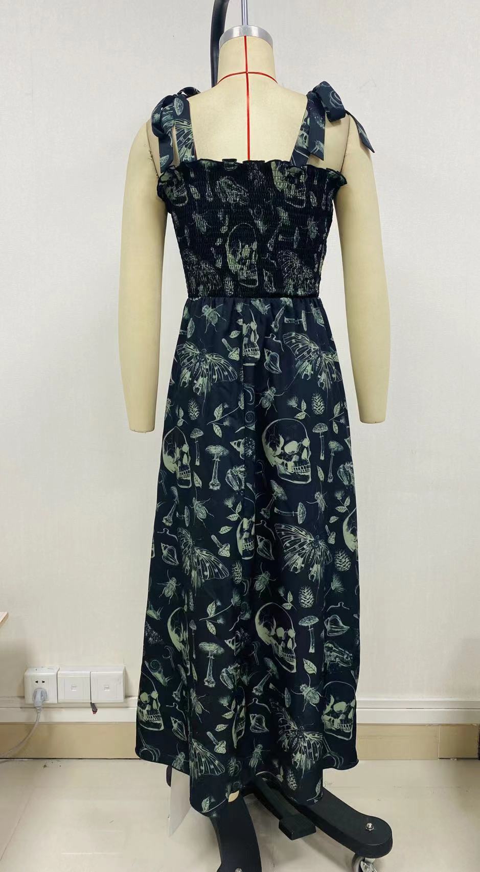 Witchcraft Skulls n Shrooms Boho Goth Tied Strap Rouched Maxi Dress