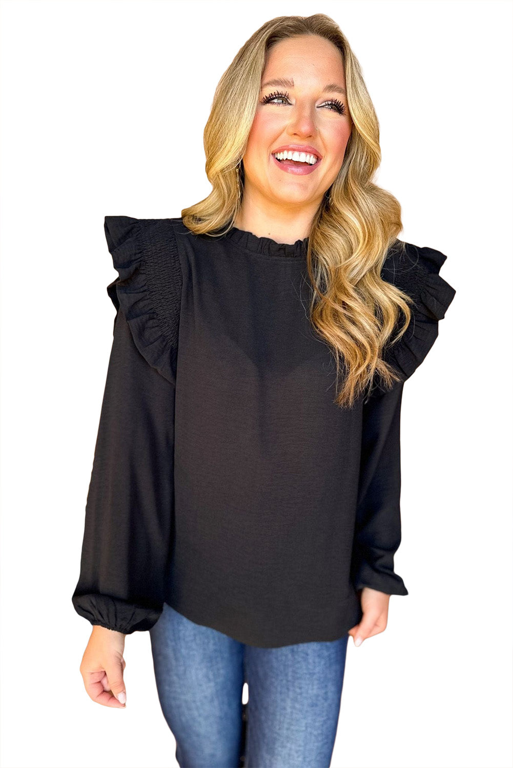 Black Frilled Neck Ruffled Trim Bubble Sleeve Blouse