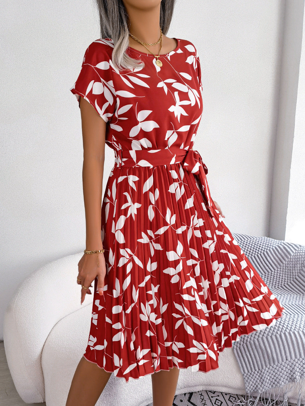 Leaf Print Boho Swing Tie Waste Dress