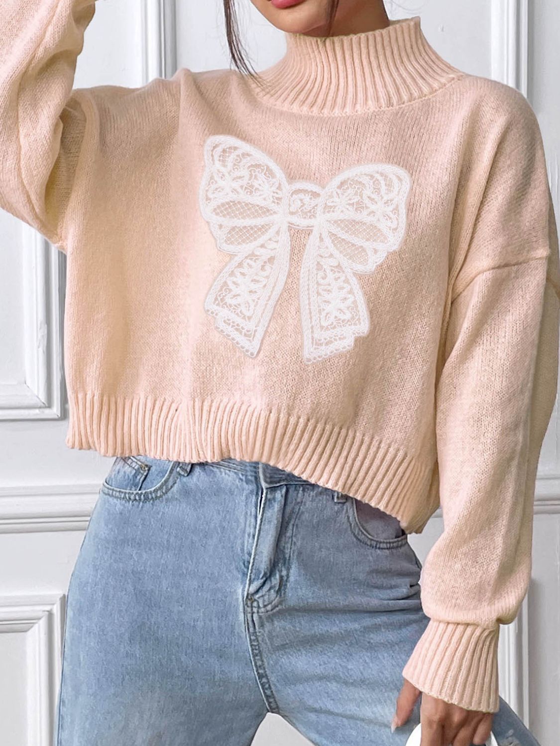 Lace Bow Turtleneck Long Sleeve Sweater