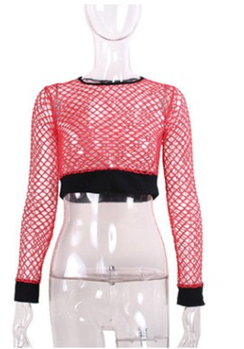 Long Sleeved Fishnet Sheer Nylon Mesh Crop Top