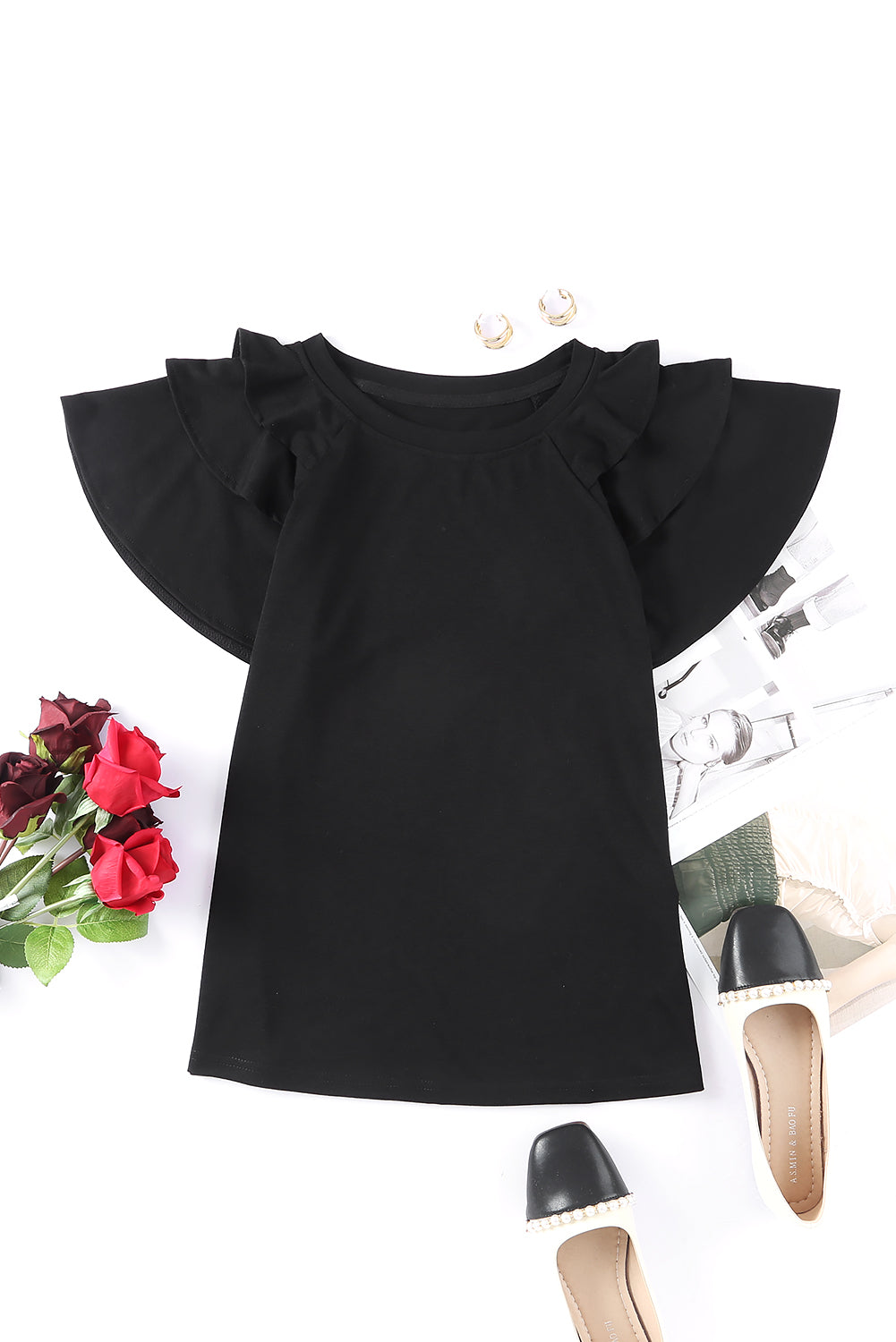 Black Basic Tiered Ruffle Casual Round Neck T Shirt