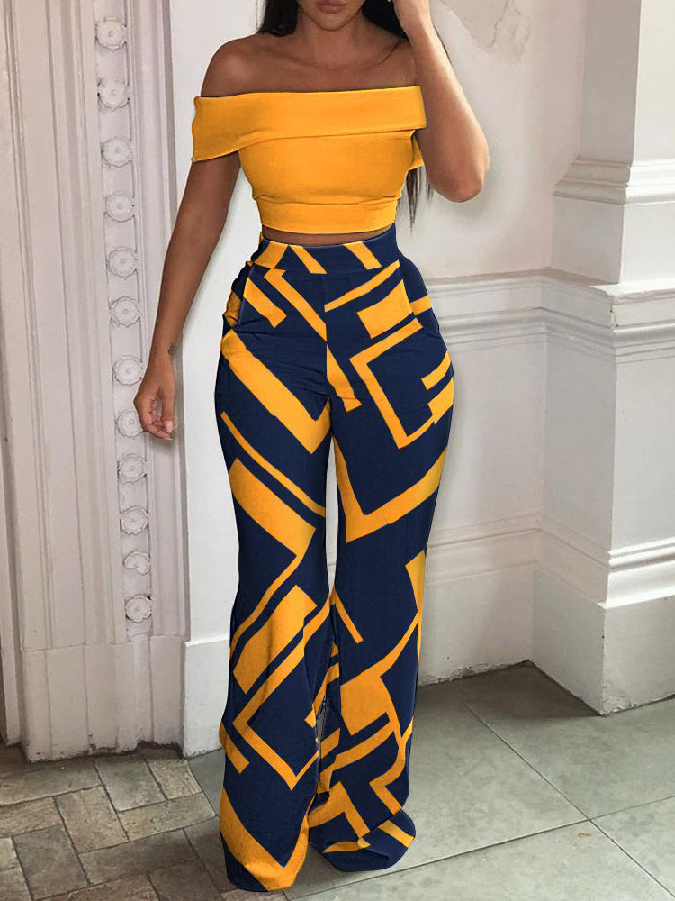 Women's Tropical Print And Checkered Print Option Off-Shoulder Crop Top And High Waist Pants Two Piece Outfit Set