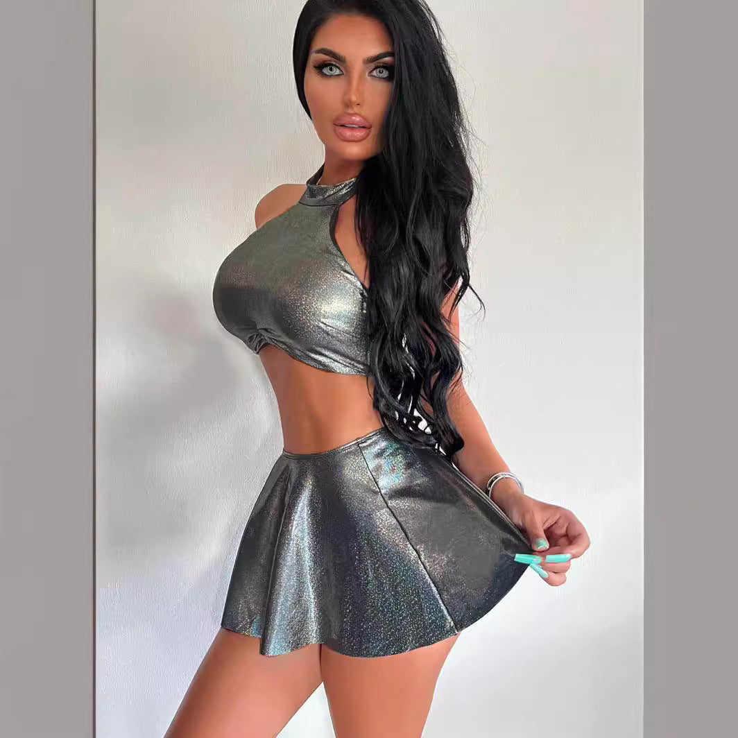 Women's Laser Metallic Sexy Crop Top And A Line Mini Skirt Outfit Set Festival Fashion