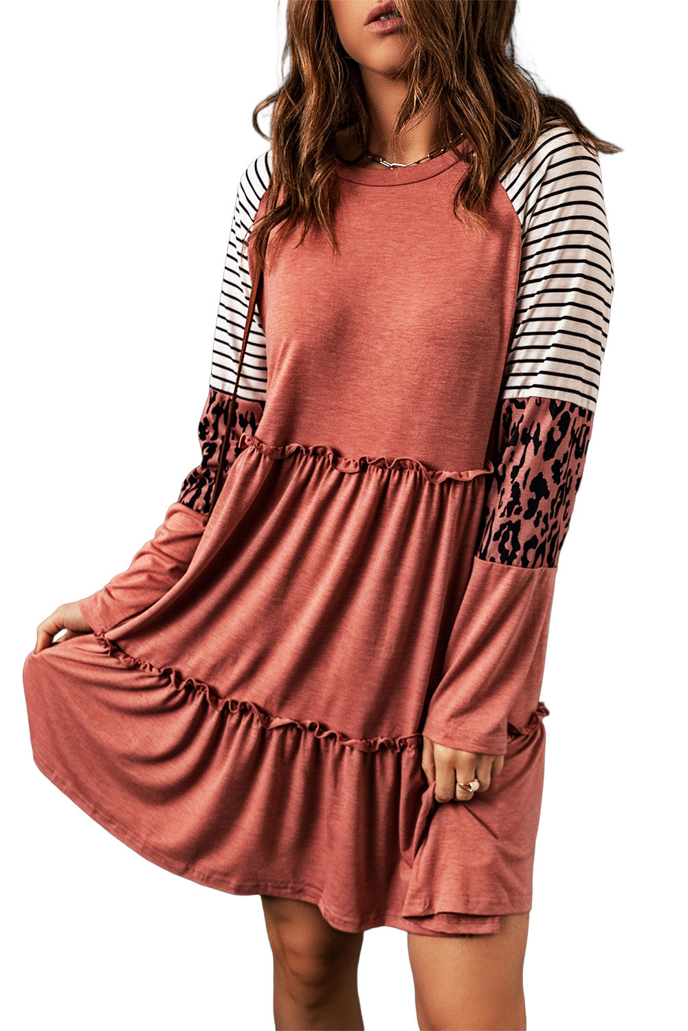 Multicolor Striped Leopard Raglan Sleeve Textured Dress