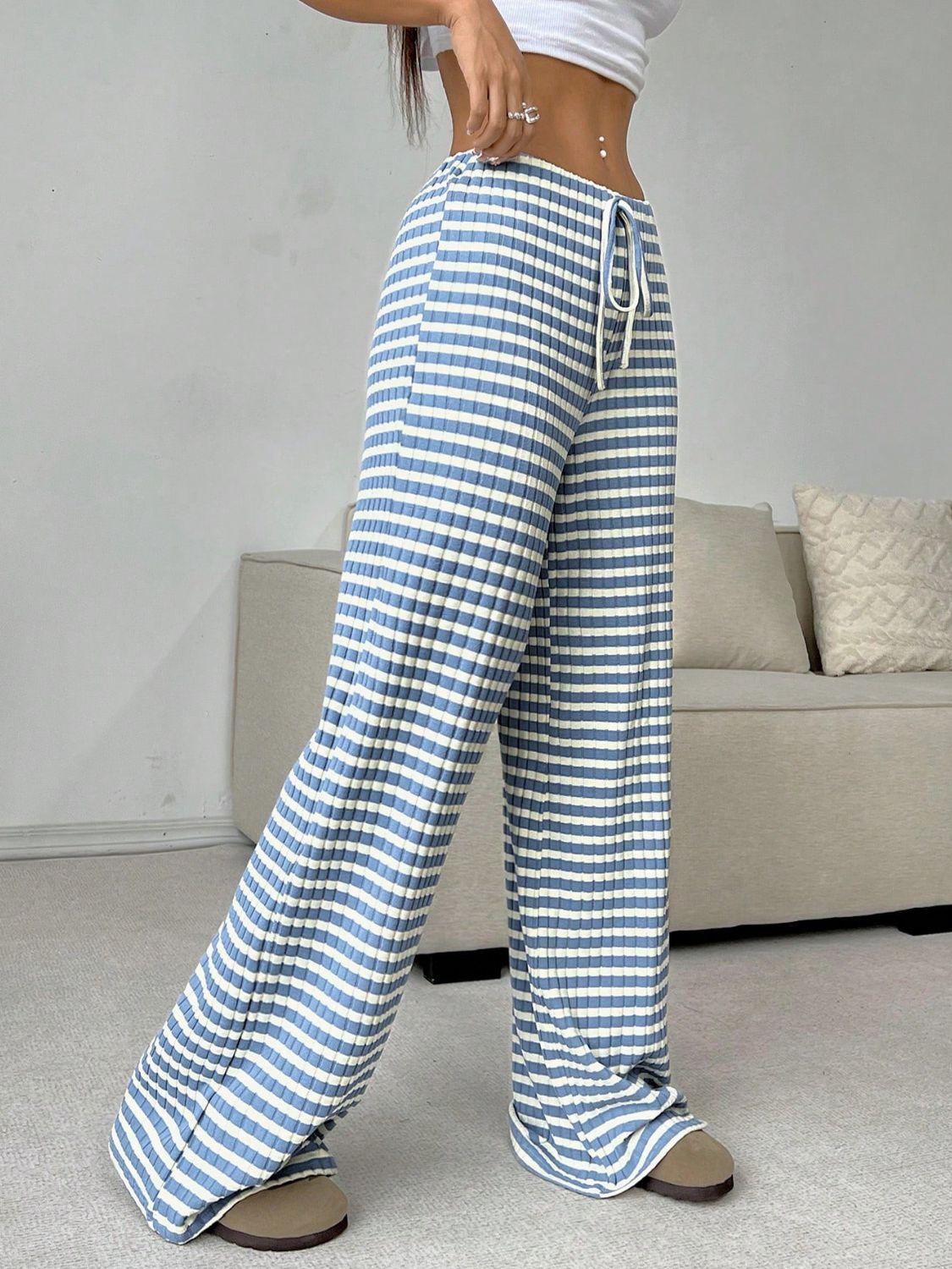 Tied Striped Wide Leg Pants