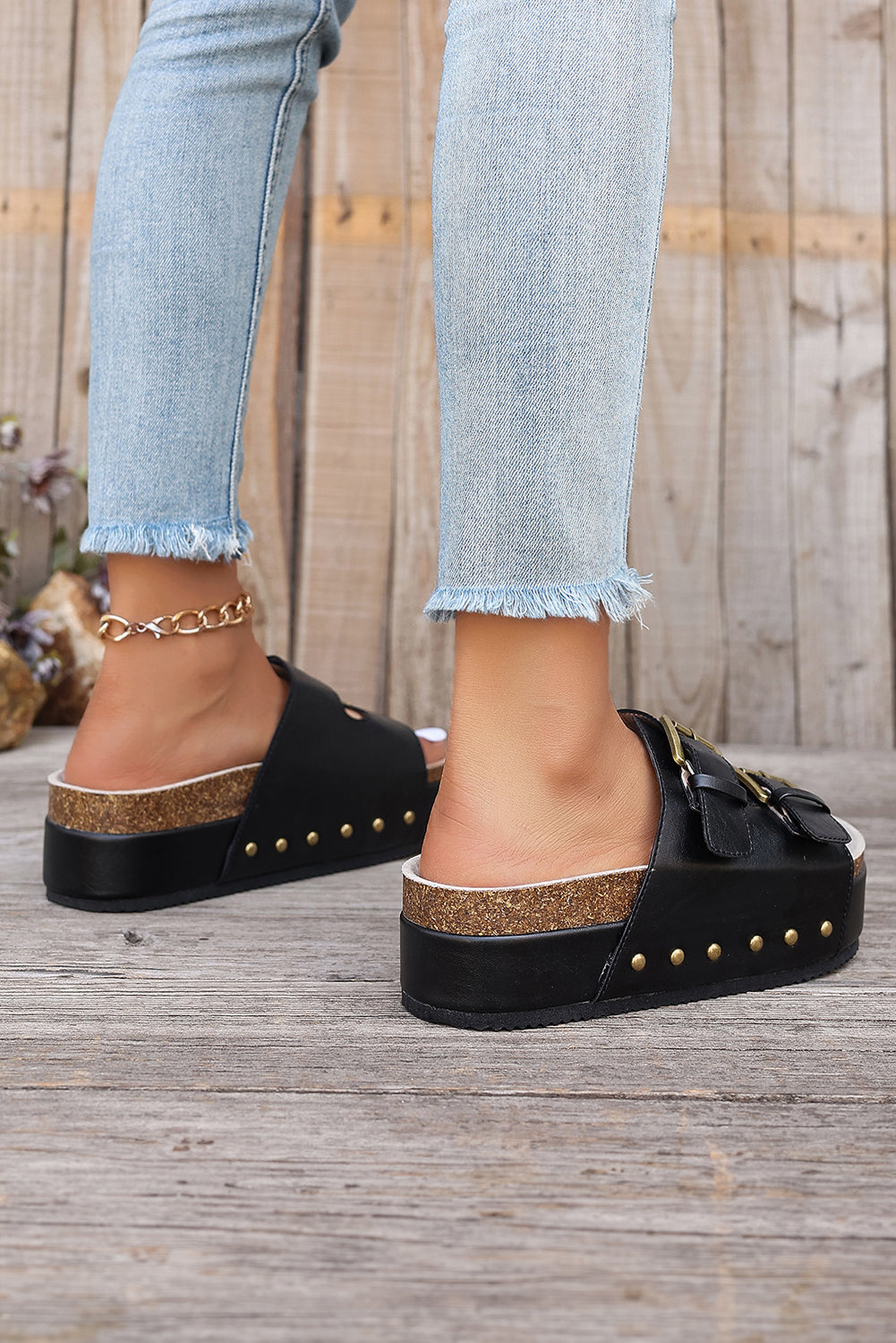 Ginger Dual Buckle Studded Platform Slides Shoes