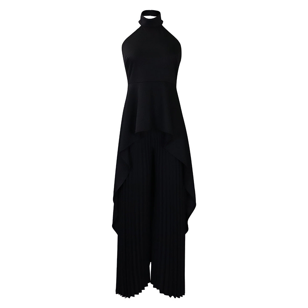 Backless Grecian Neck Long Tail Flowy Top And Pleated Wide-leg Pants Casual Two Piece Sets