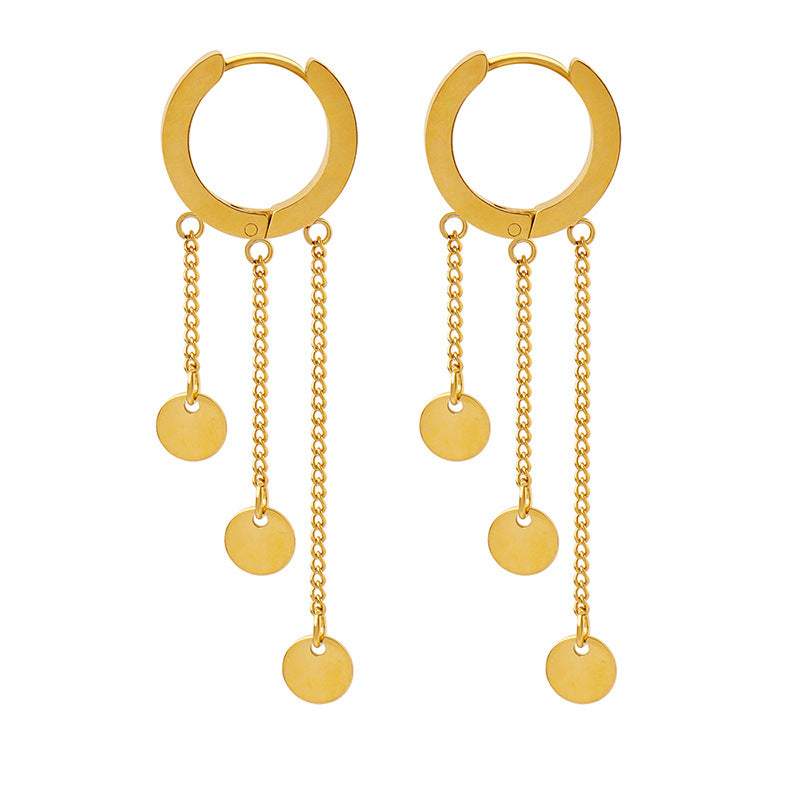 18k Gold Simple and Exquisite Geometric Disc Tassel Design Earrings