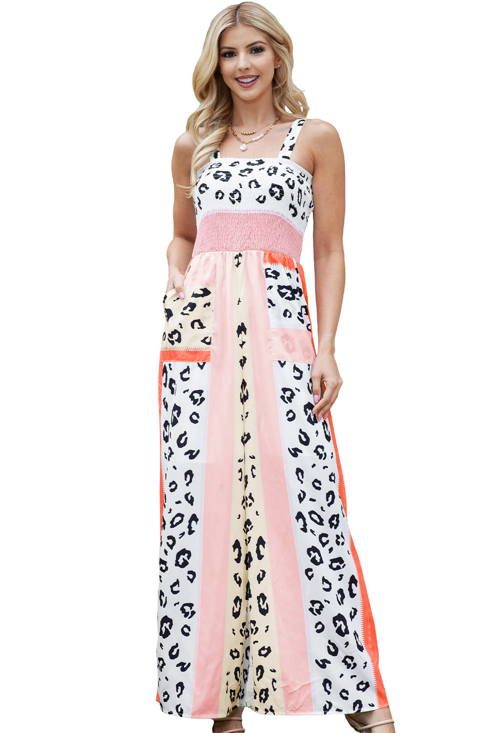 Pink Leopard Color Block Patchwork Strap Jumpsuit