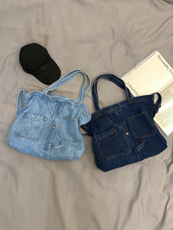 Casual Denim Split-Joint Solid Color Tote Style Handbag