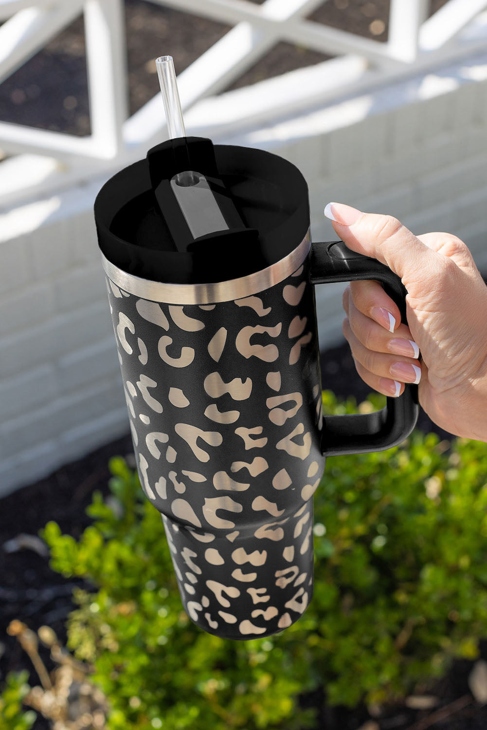 White 40oz Stainless Steel Portable Leopard Tumbler Mug With Handle