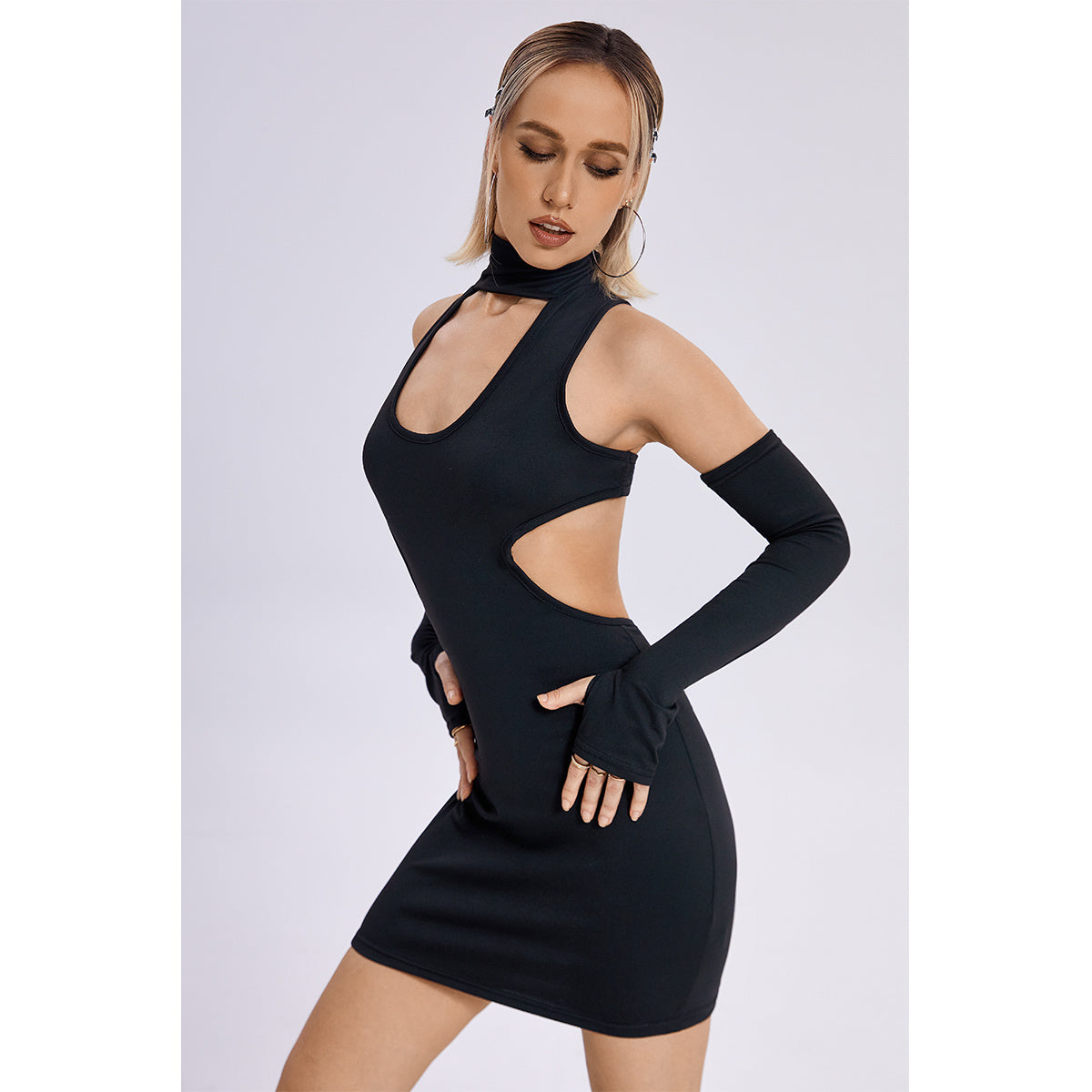 Mock Neck Tank Top Sleeveless Added Sleeve Slim Short Nightclub Fashion Mini Dress