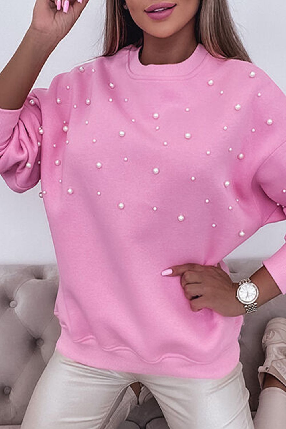 Pearl Detail Ribbed Round Neck Sweatshirt