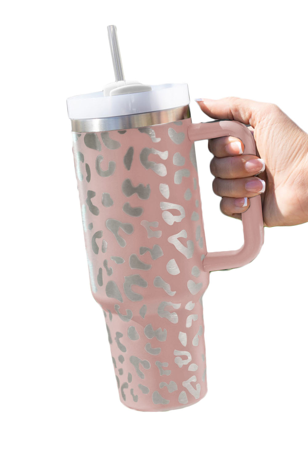 White 40oz Stainless Steel Portable Leopard Tumbler Mug With Handle