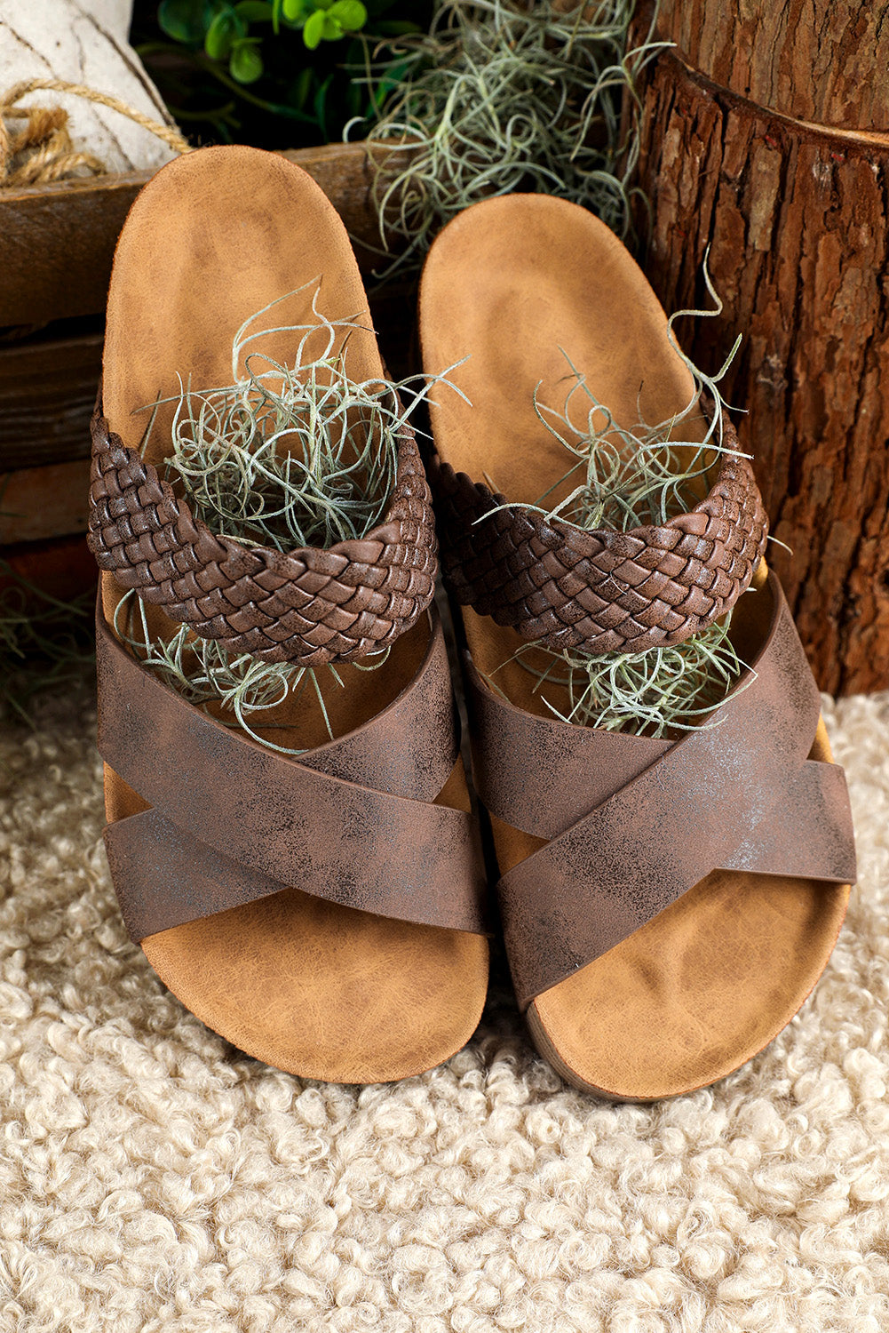 Black Braided Detail Criss Cross Platform Slippers