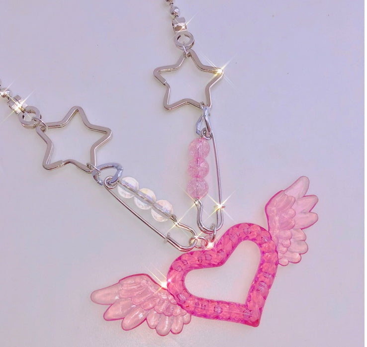 Pink Glitter Dual Pin and Pendant Necklace Harajuku Style