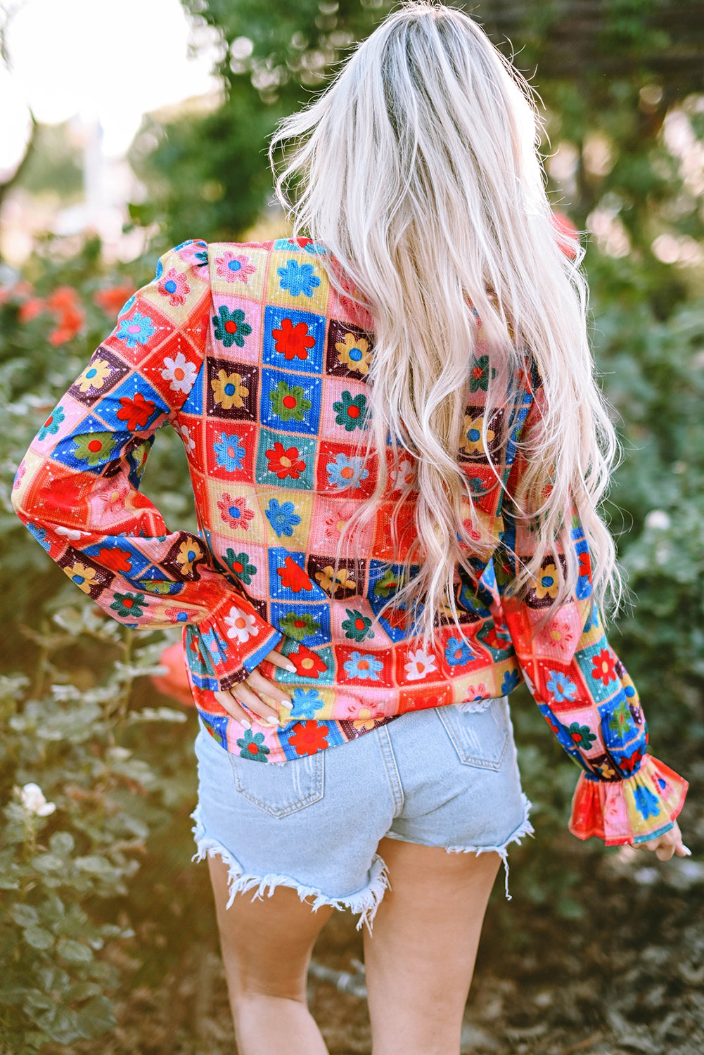 White Checkered Flower Print Boho Bubble Sleeve Blouse