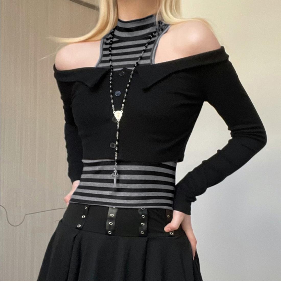 Sexy Spicy Girl Stripe Off Shoulder Retro Vintage Irregular Pleated Skirt Mini Dress