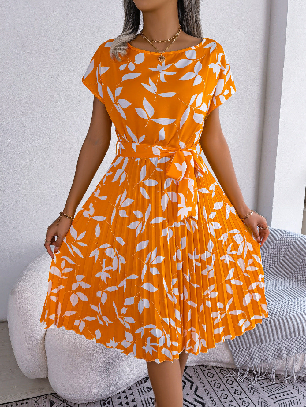 Leaf Print Boho Swing Tie Waste Dress