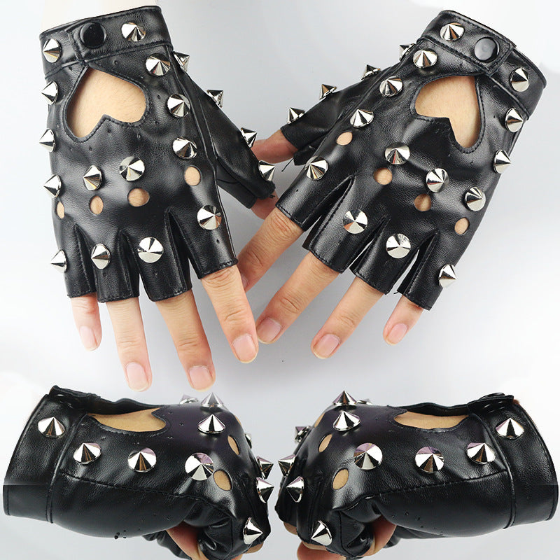 Punk Rock Fingerless Gloves With Heart Cut Out and Metal Detail Cosplay Biker Style Gloves