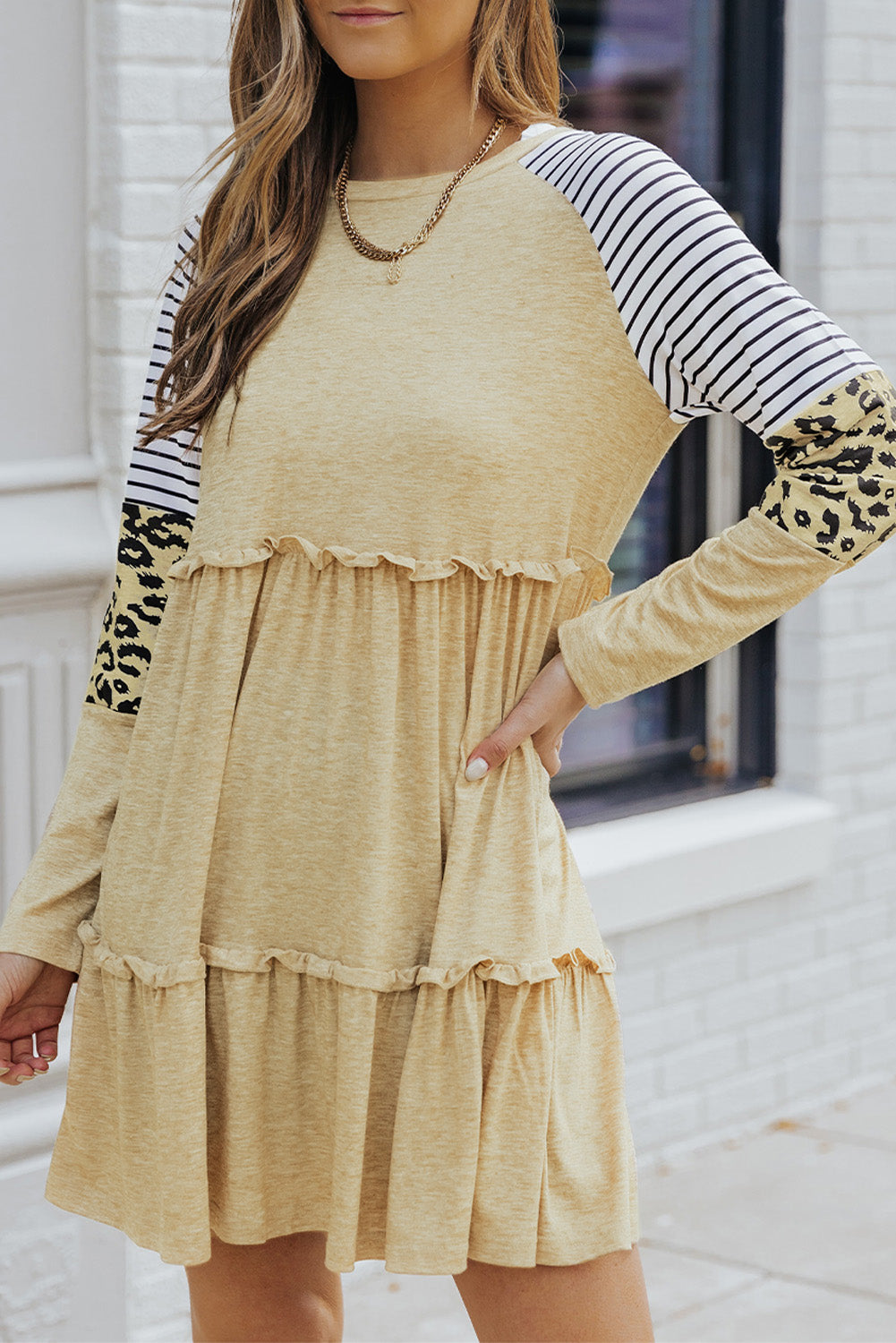 Black Striped Leopard Patchwork Pleated Long Sleeve Dress