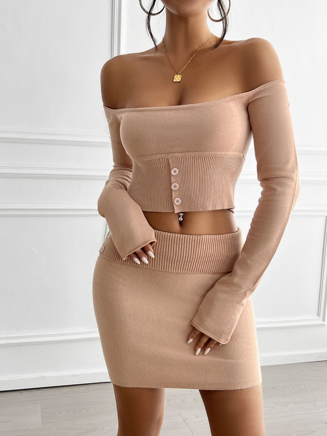 Divine Off-Shoulder Crop Top & Pencil Skirt Set – 2-Piece Outfit with Decorative Buttons