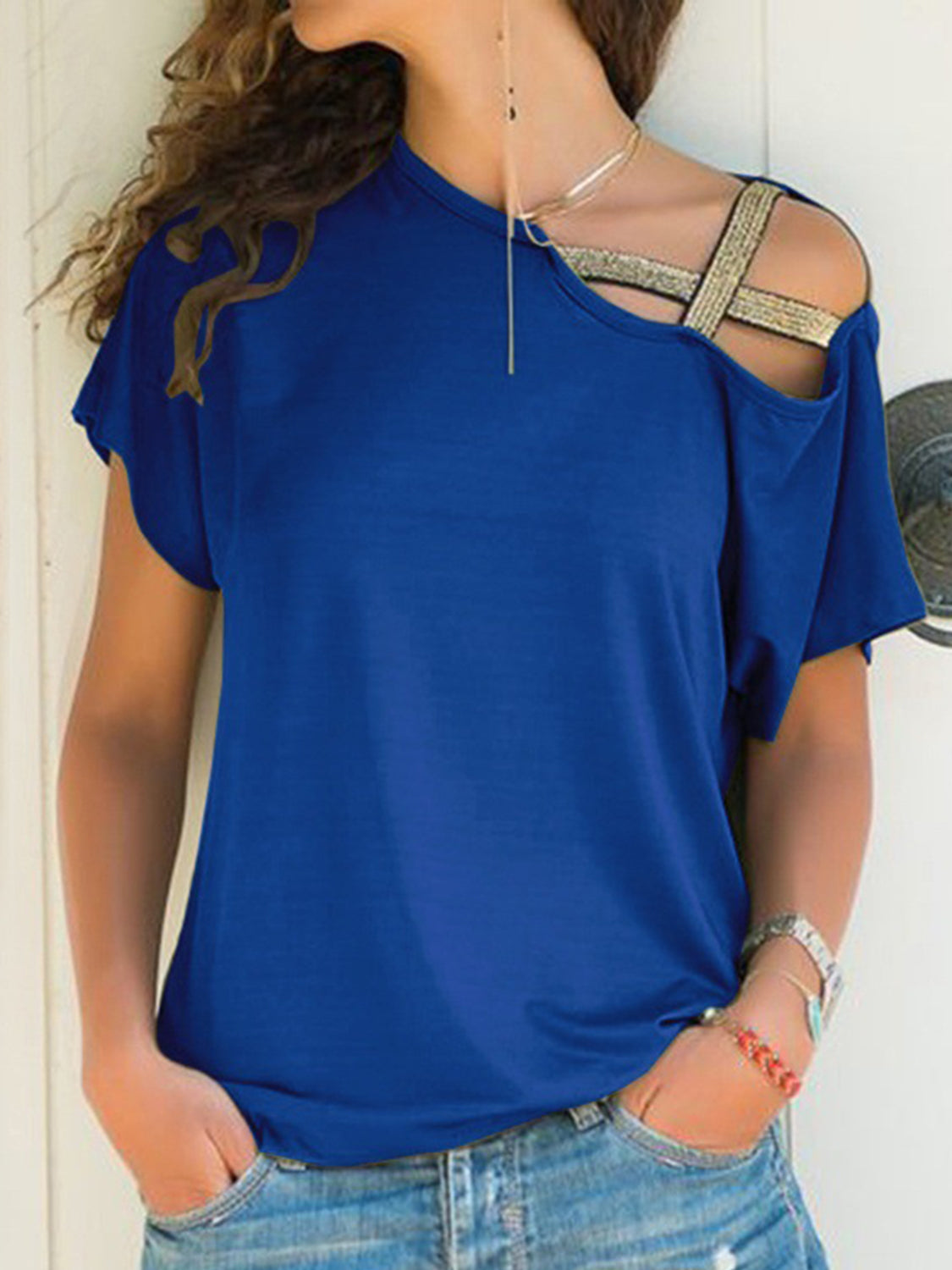 Asymmetrical Neck Short Sleeve T-Shirt