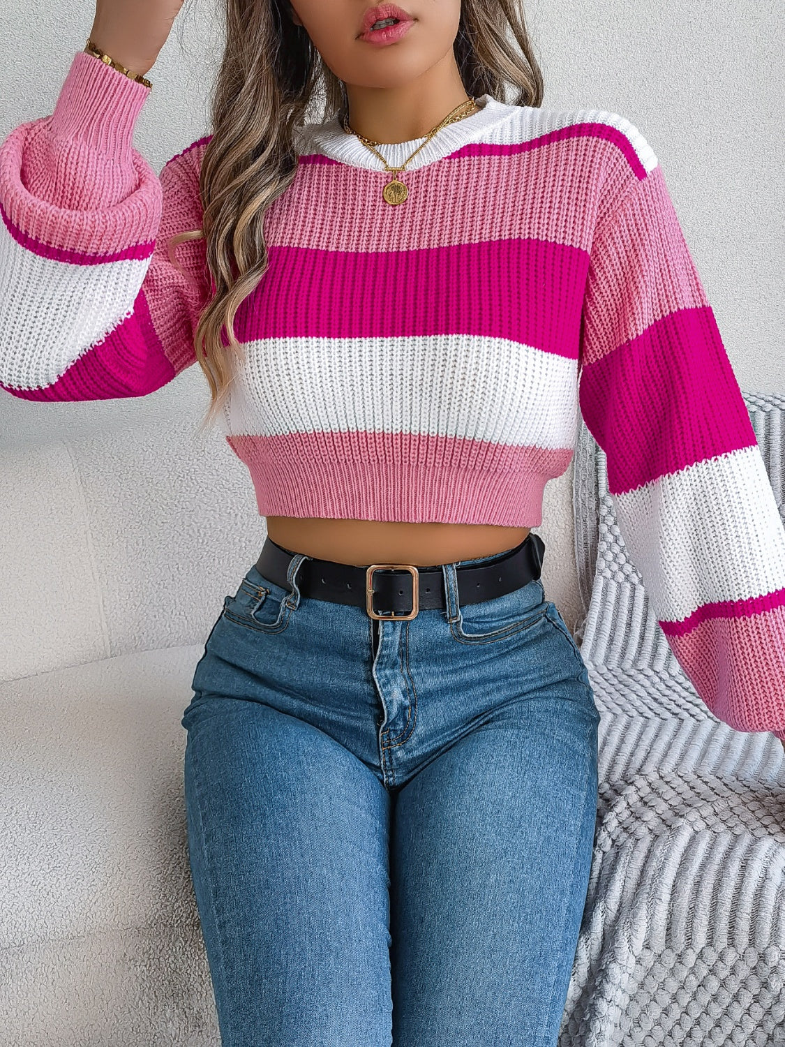 Striped Color Block Round Neck Cropped Sweater