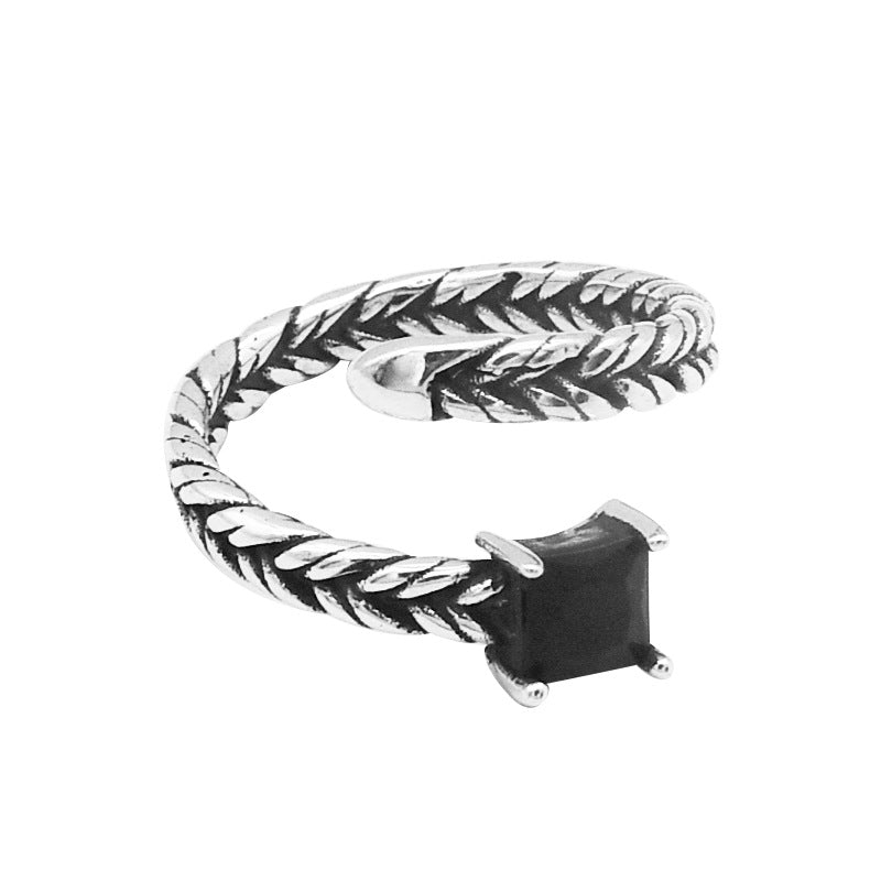 Retro Style Wrap Sterling Silver Braided Black Simulated Diamond Ring